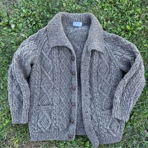 Aran Islands Ireland Chunky Cable Knit Cardigan Sweater - Heather Brown Wool